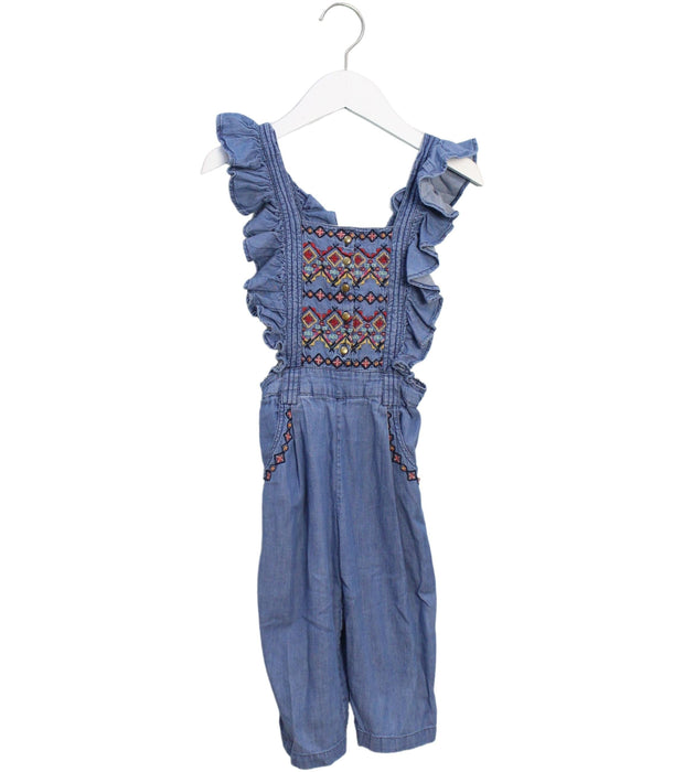 A Blue Sleeveless Rompers from Velveteen in size 4T for girl. (Front View)